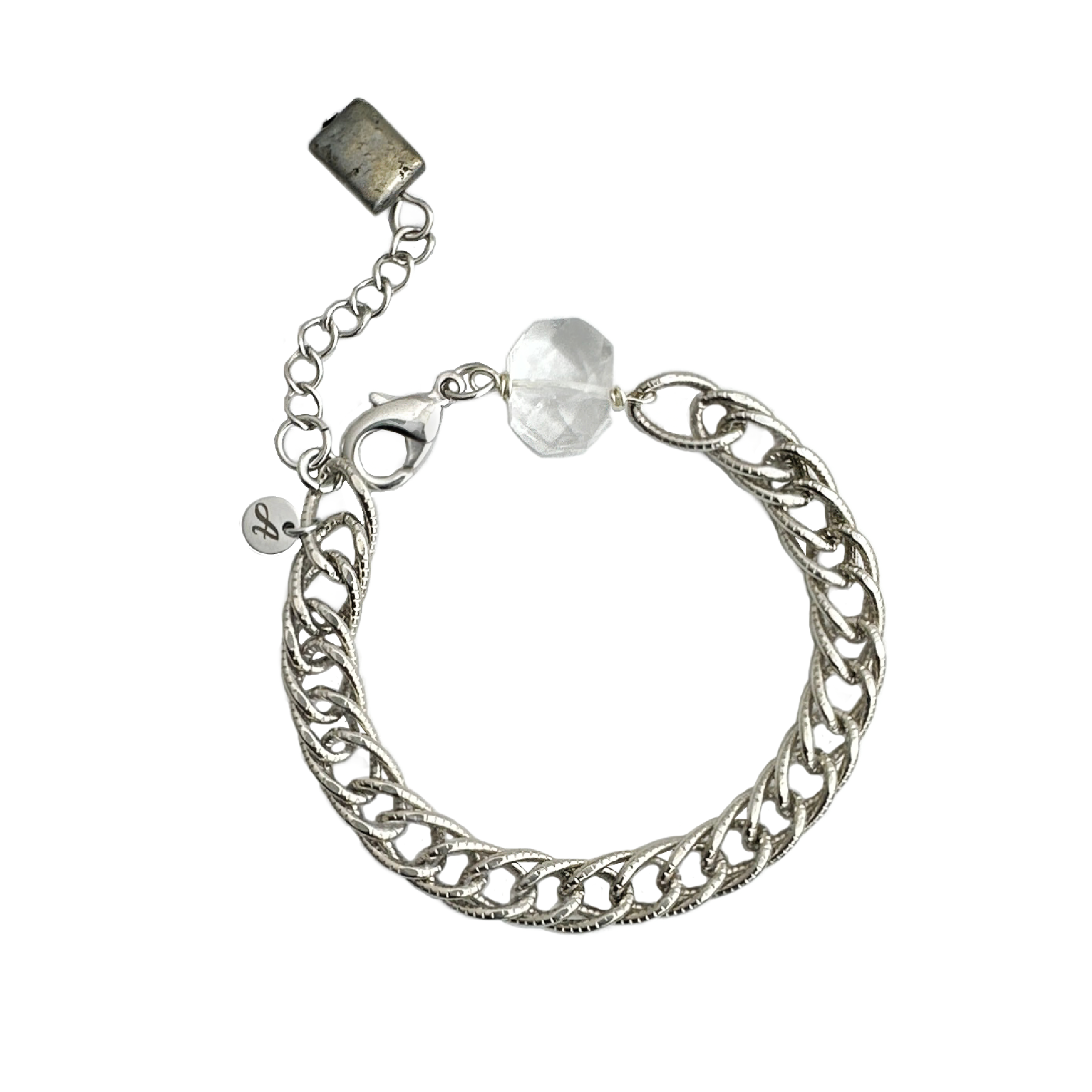 A bracelet of vintage silver-plated brass textured chain, with modern clear quartz crystal and pyrite stones. Handcrafted by Alysian.