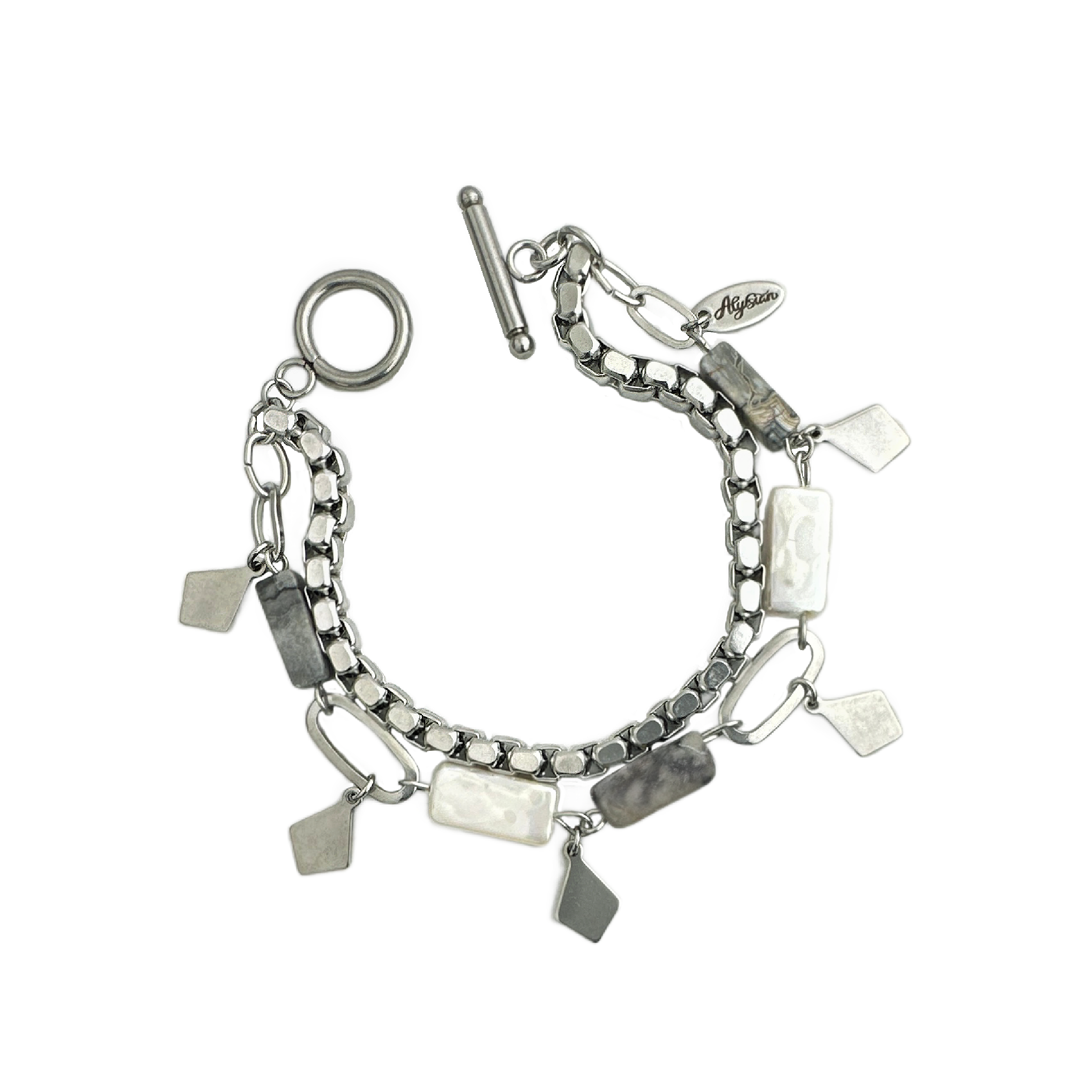 A double strand bracelet with a circular toggle closure, one row of varied stainless steel links, rectangular gray marble stones and shell pearls and geometric stainless steel drops along with a solid strand of sleek stainless steel metal chain.