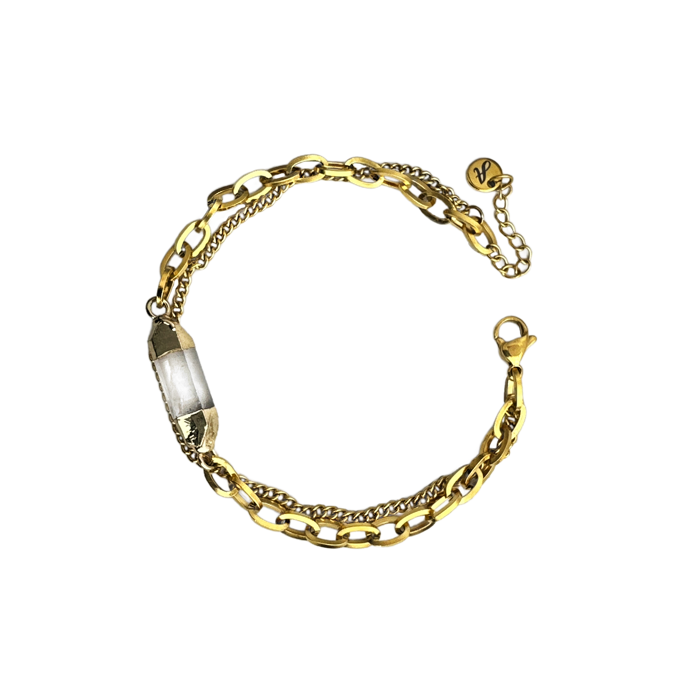 A gold-tone stainless steel chain bracelet in a double-strand design with a clear raw quartz point center stone.