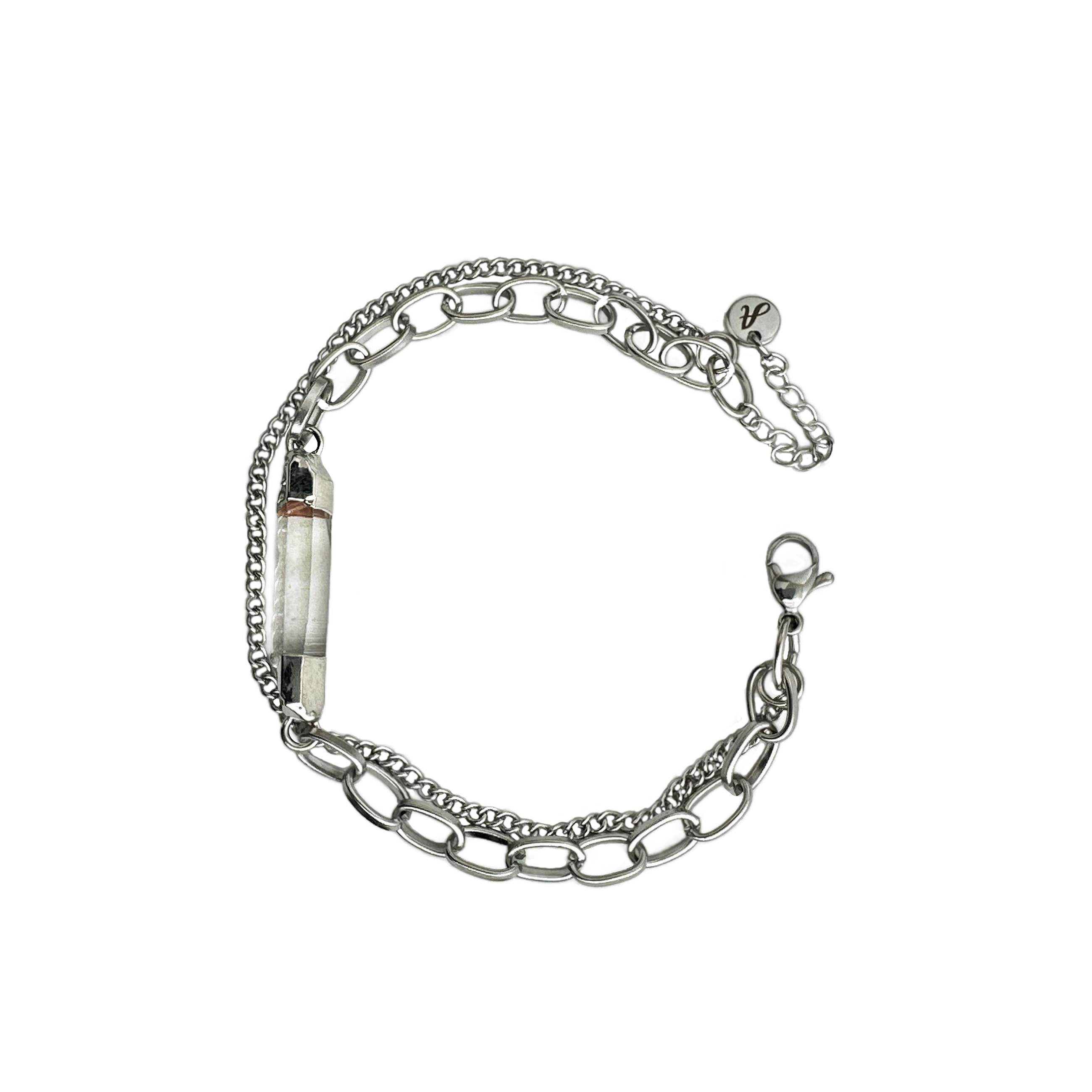 A silver-colored chain bracelet in a double-strand design, featuring a clear quartz point center stone.