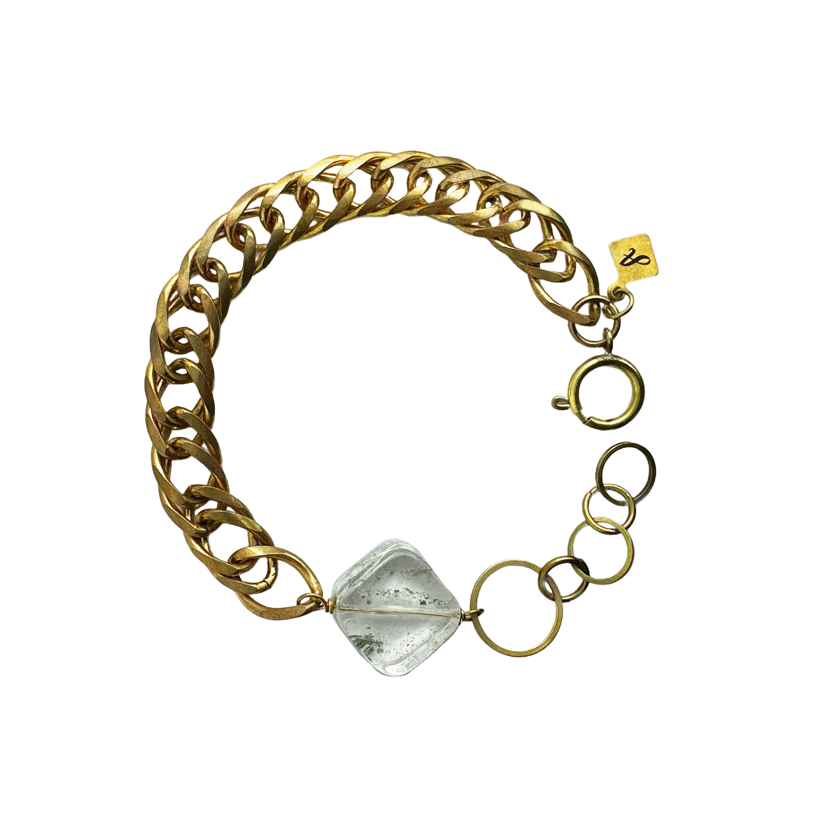 A bracelet of warm vintage brass chain with a luminous phantom quartz square stone. Handcrafted by Alysian.