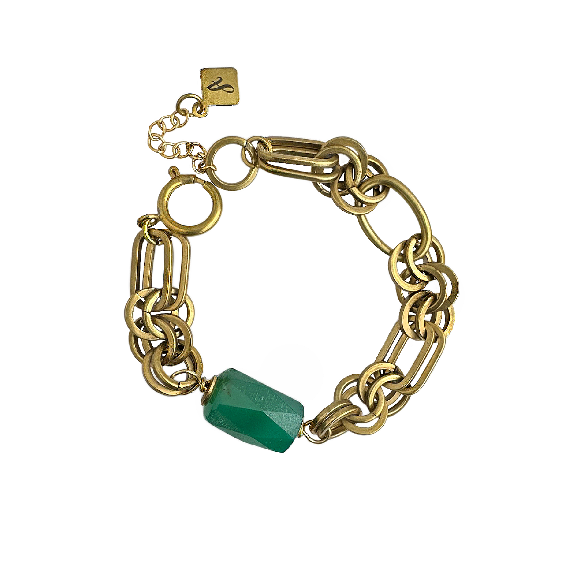 A gold-colored brass chain bracelet with asymmetric link styling and a faceted green agate stone centerpiece. Handcrafted by Alysian.