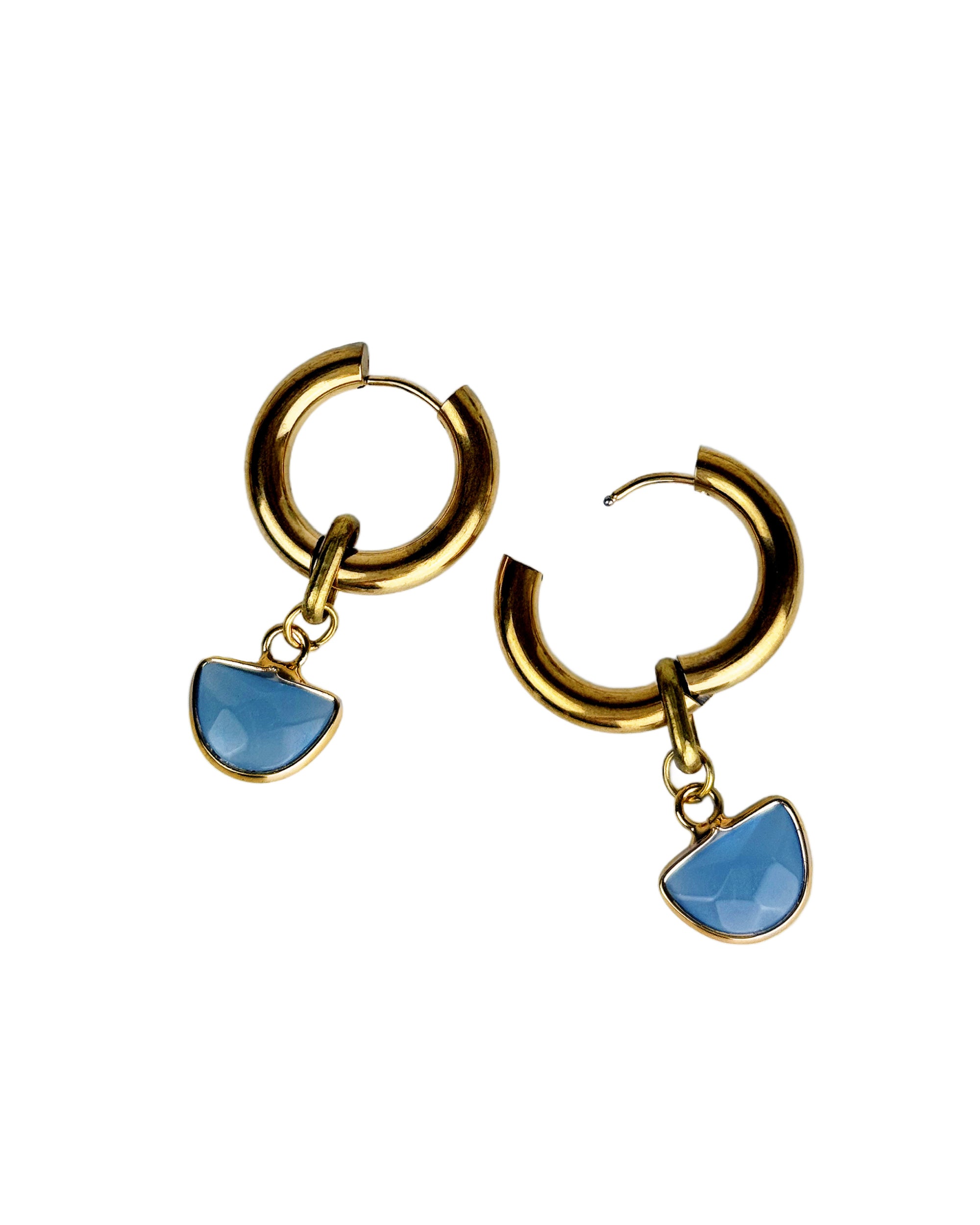 A pair of Charvi Chalcedony Hoops showing one hoop open to demonstrate how it&
