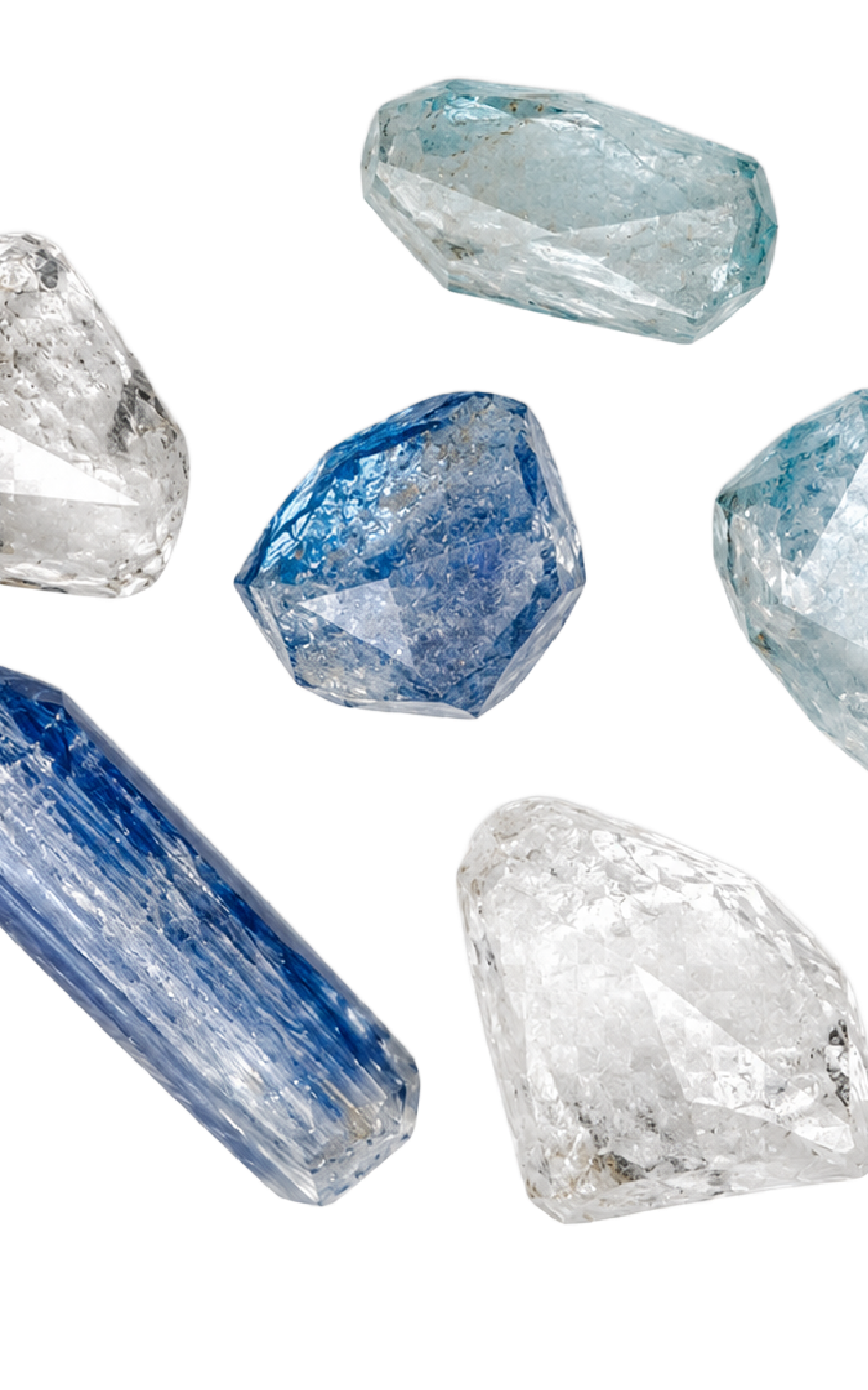 Collection of rough and faceted gemstones on transparent background