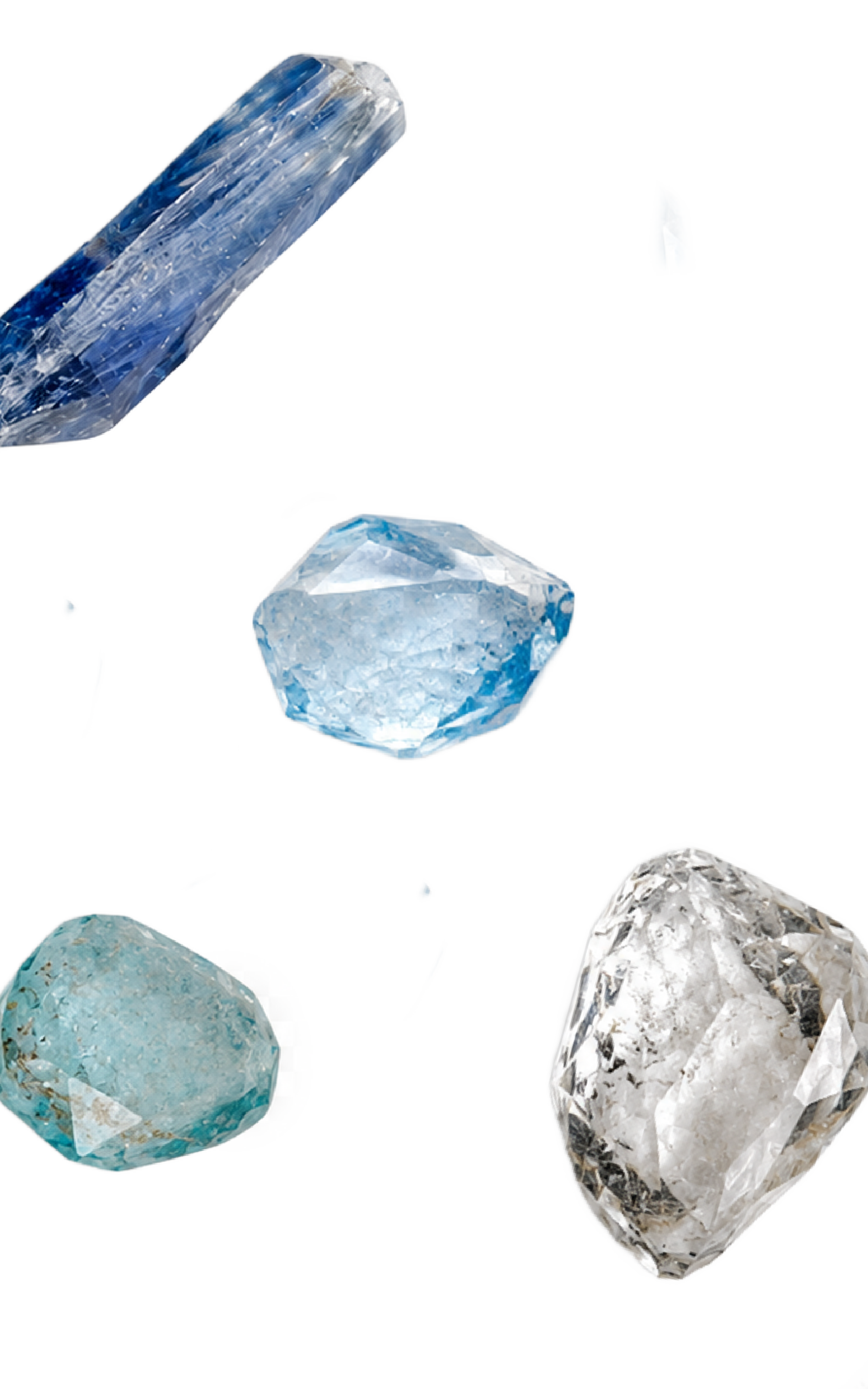 Four irregular gemstones of different shapes and colors on a transparent background