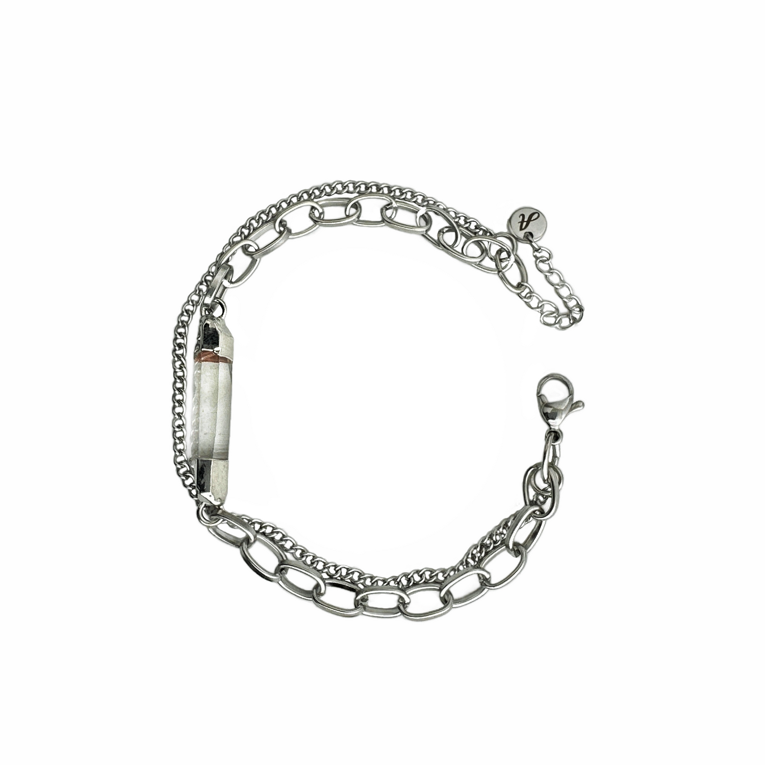 A silver-colored chain bracelet in a double-strand design, featuring a clear quartz point center stone. 