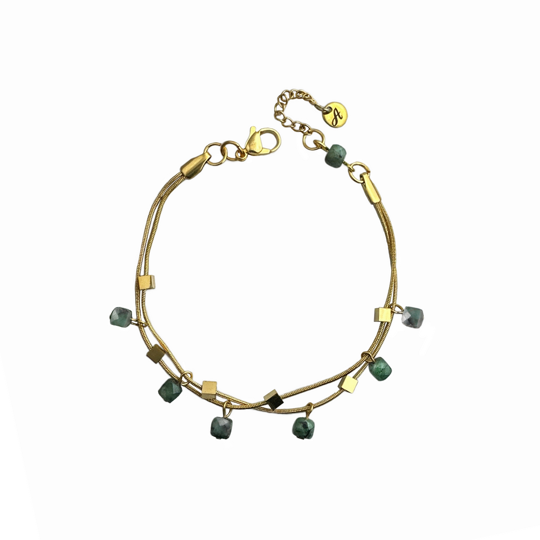 A gold-plated bracelet with double strands, featuring green emerald stones and gold-plated stainless steel metal componentry.