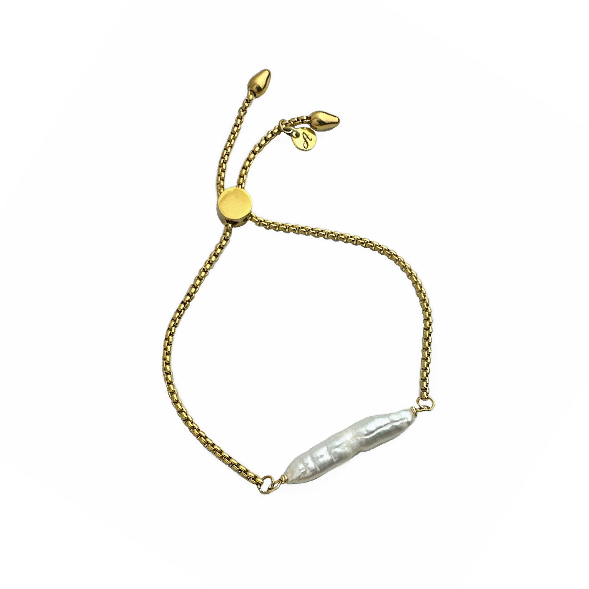 A gold-colored stainless steel metal chain slider bracelet featuring a freshwater biwa pearl centerpiece. Handcrafted by Alysian.