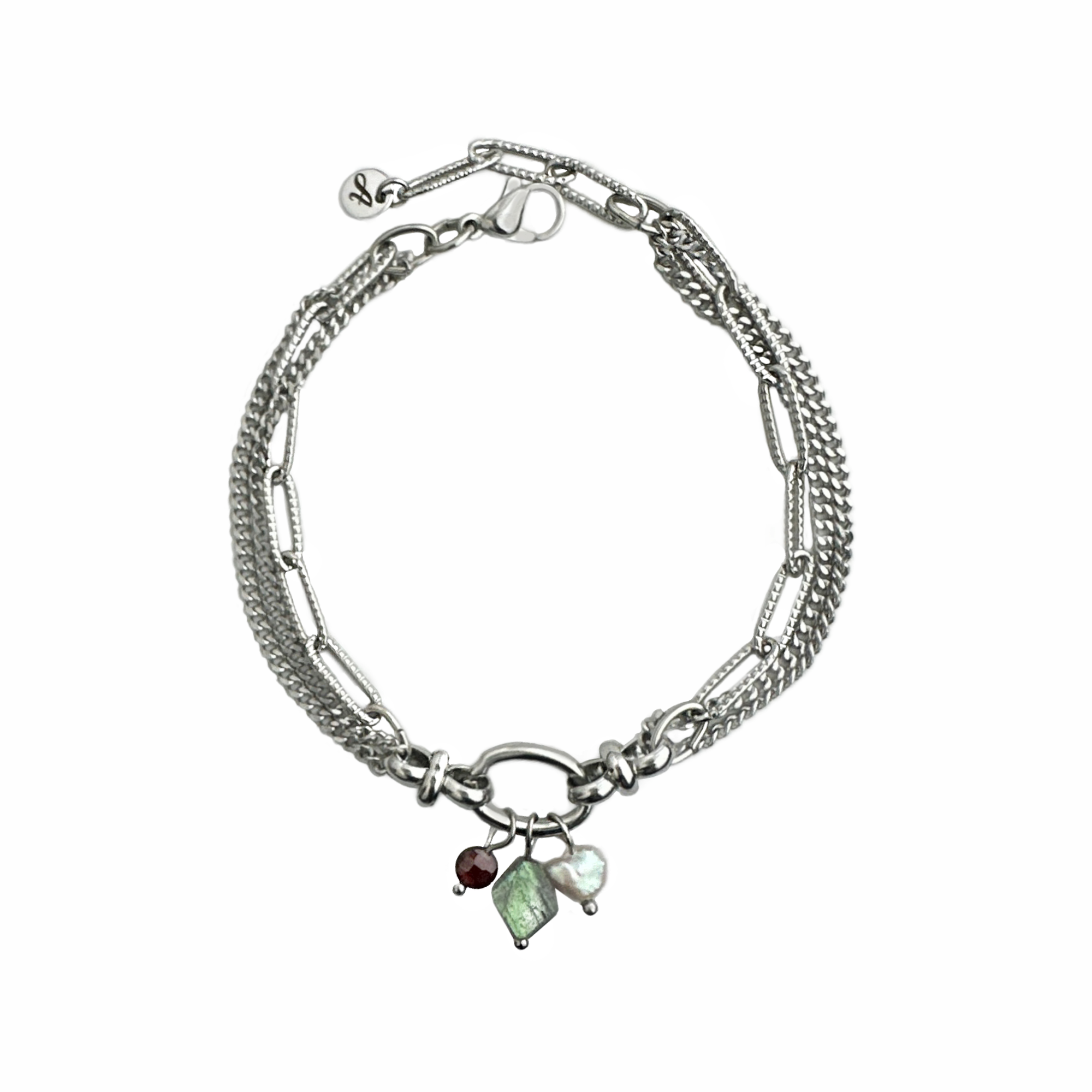 A silver tone stainless steel bracelet of three rows of chain with a freshwater pearl and labradorite and garnet stones dangling from a center oval link. Handcrafted by Alysian.