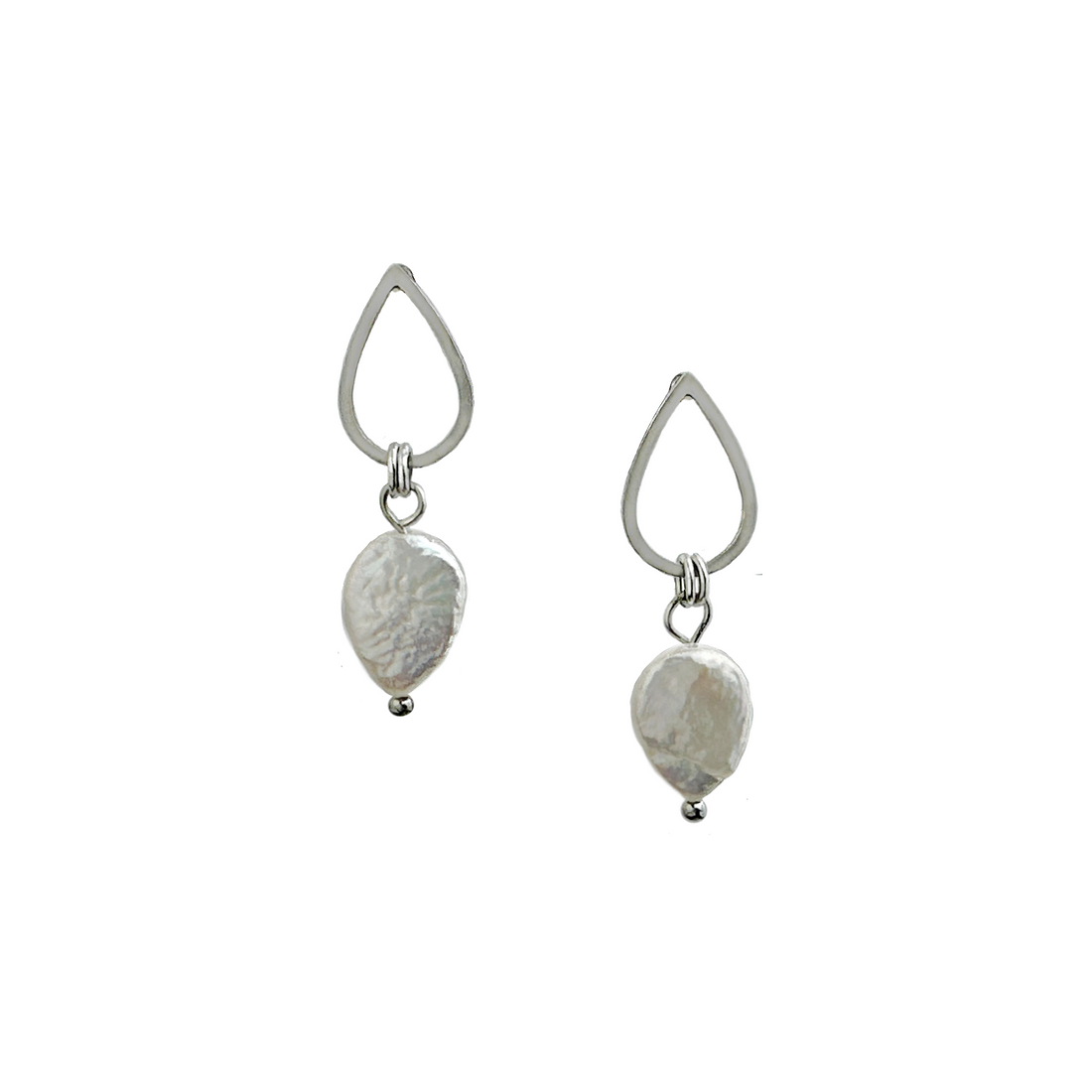 A modern pair of silver-colored stainless steel open pear-shaped post earrings featuring pear-shaped freshwater pearls suspended from them. By Alysian. 