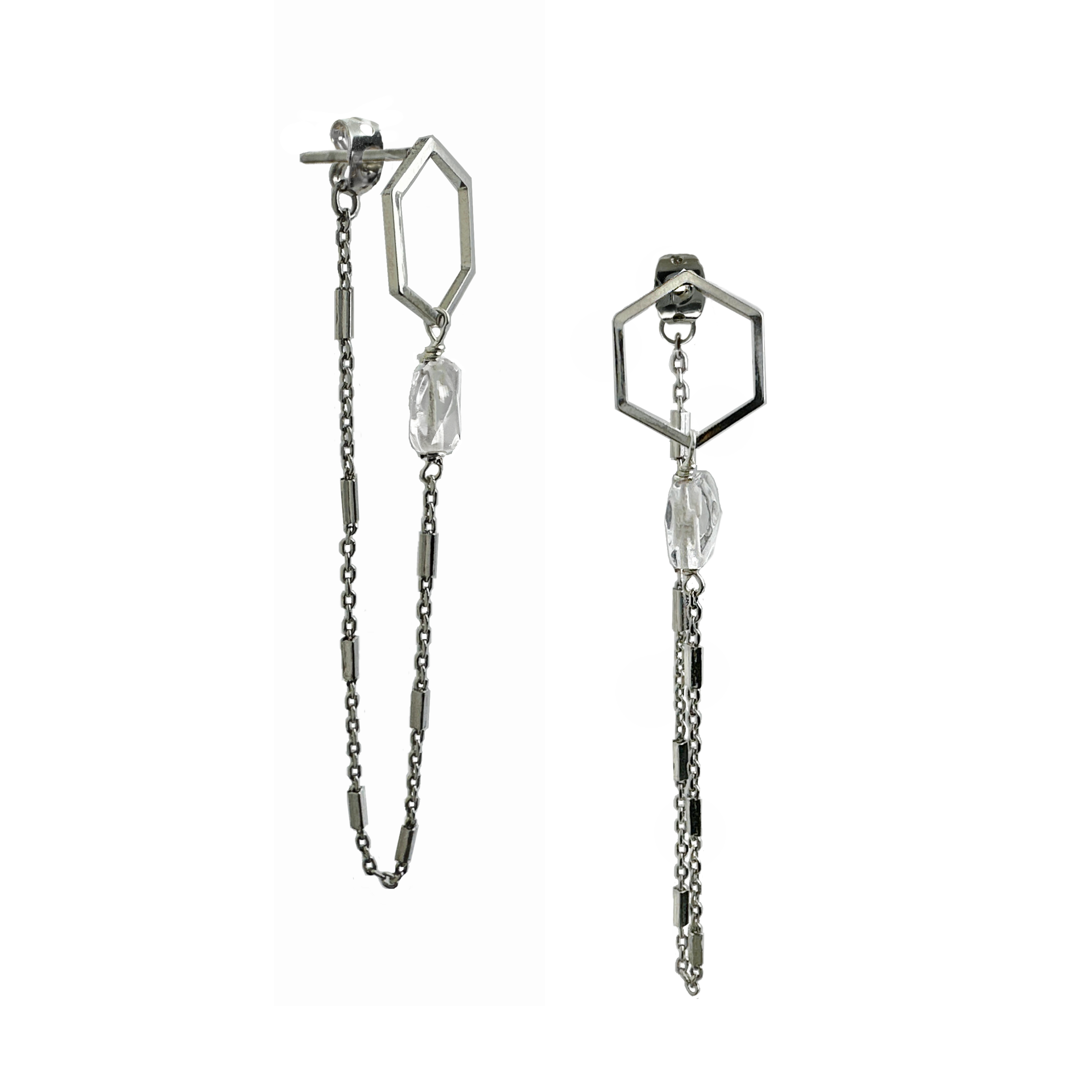 A modern pair of silver-tone open hexagon shape post earrings with clear quartz stone drops and silver bar chain suspended from them in a front-to-back design. Handcrafted by Alysian. 