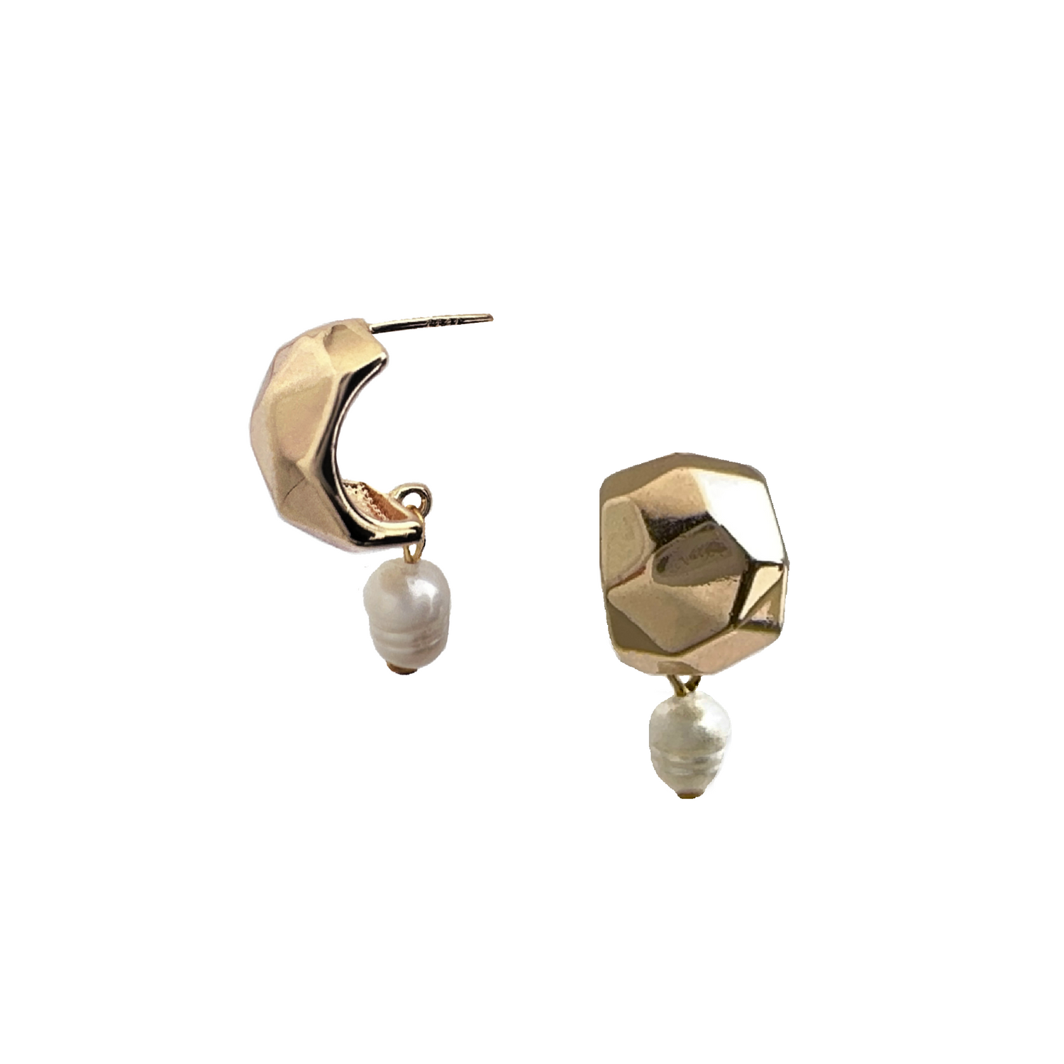 A pair of gold-plated brass post earrings in a modern faceted metal design, each with freshwater pearl drop. 