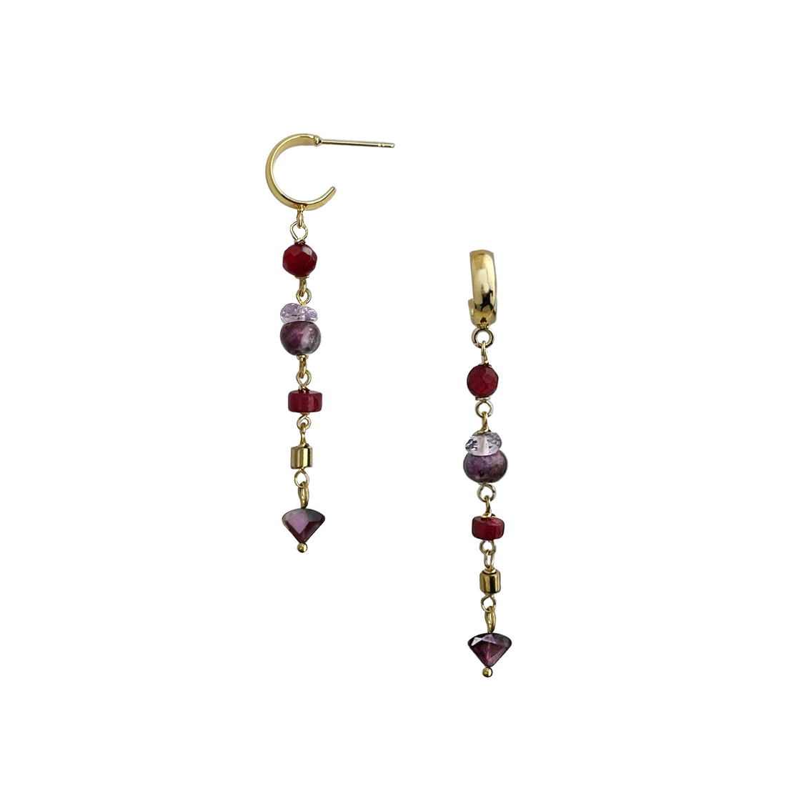 A pair of small gold-plated brass hoops with posts, featuring a linear arrangement of warm garnet, amethyst, jade and lepidolite stones with gold-plated glass accents. 