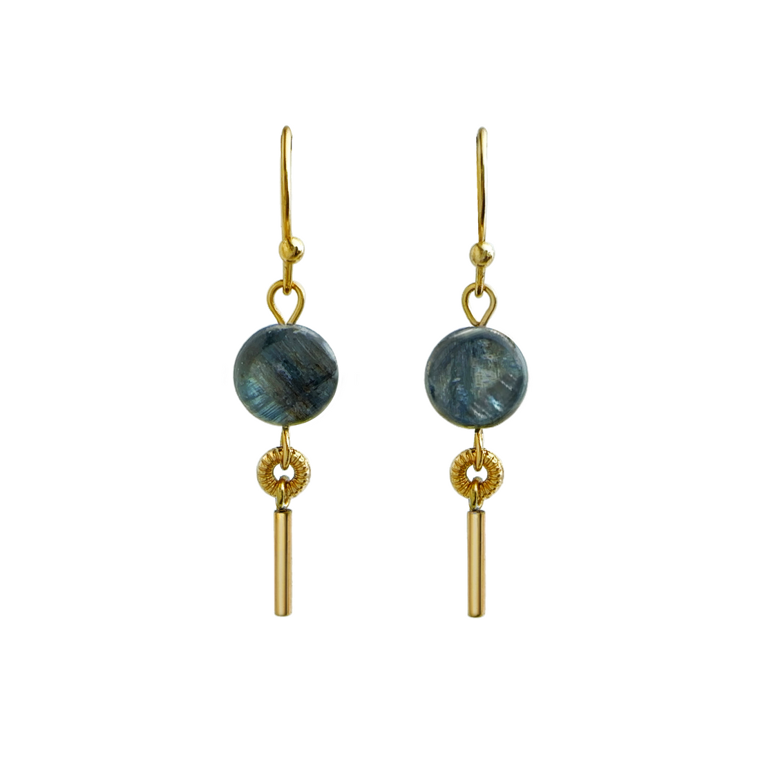 A pair of sleek everyday gold-plated drop earrings with blue kyanite coin-shape stones and gold-tone metal bar drops. Handcrafted by Alysian. 