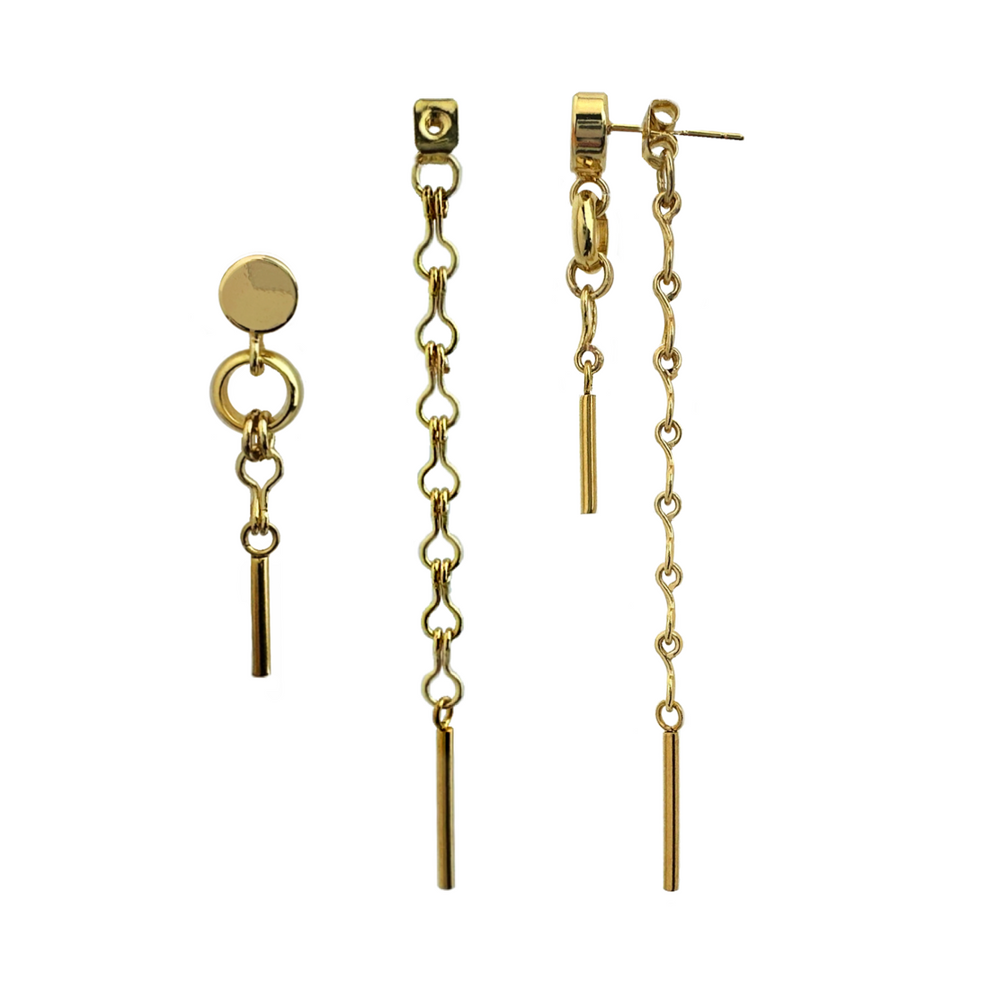 A sleek pair of gold-colored post earrings with a front-to-back chain-link design, displayed in two states: one showing the front of the post earring separate from the linear link backing piece and the other showing a side view of the full earring connected. Handcrafted by Alysian. 