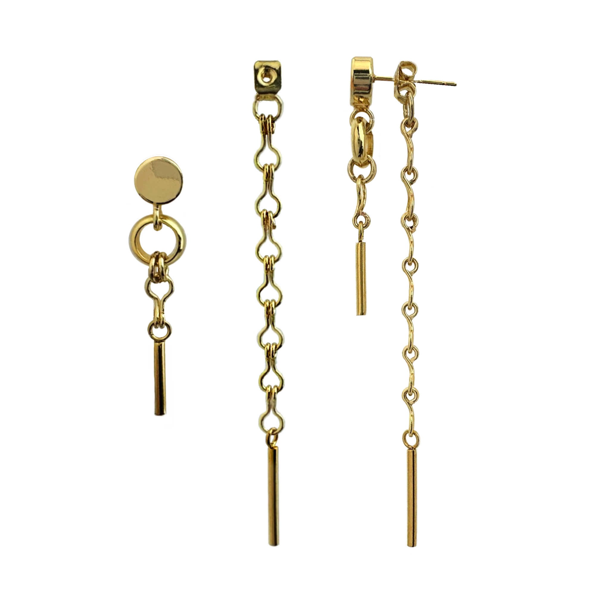 A sleek pair of gold-colored post earrings with a front-to-back chain-link design, displayed in two states: one showing the front of the post earring separate from the linear link backing piece and the other showing a side view of the full earring connected. Handcrafted by Alysian. 