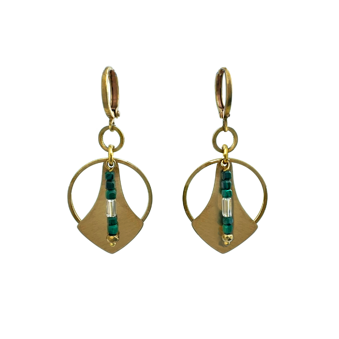 A pair of gold-colored brass hoop earrings with geometric brass charms in the center and malachite and gold-plated hematite stone accents, displayed against a white background.