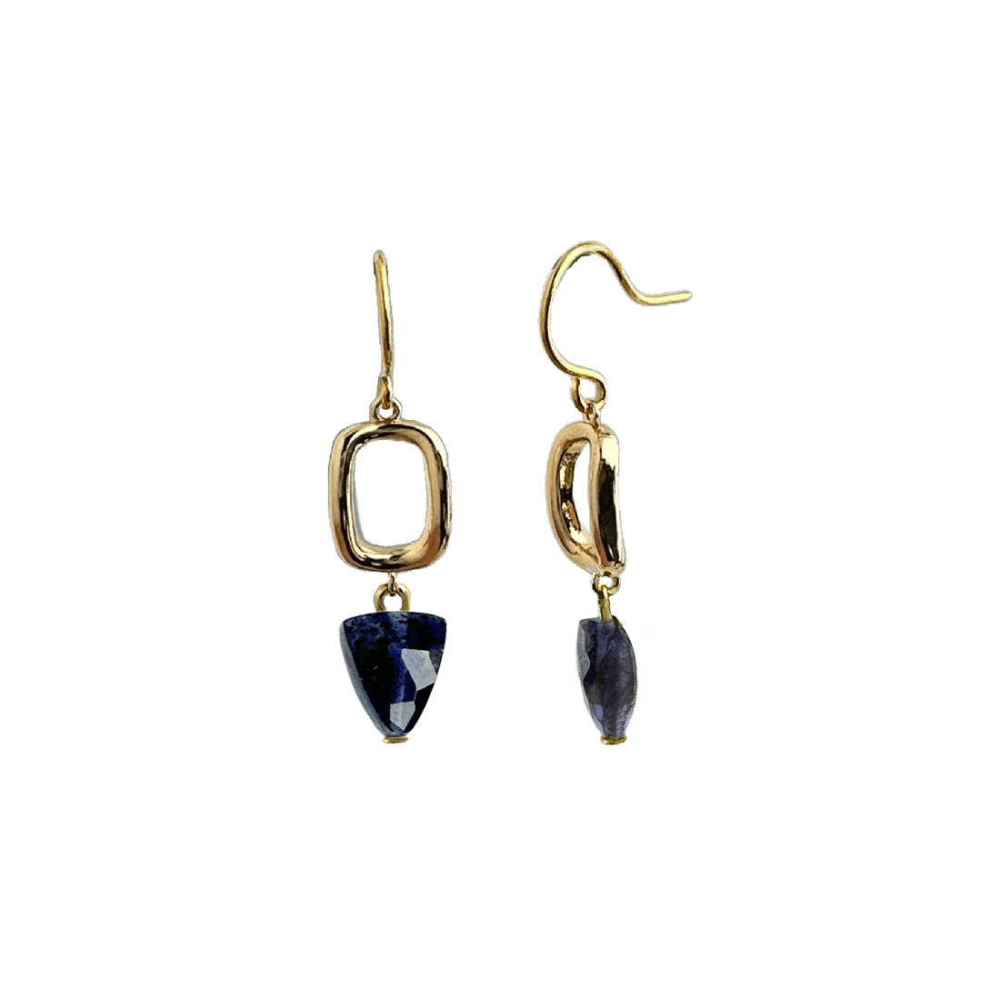 A pair of gold-plated brass earrings in a geometric design with open square metal shapes and dangling pointed iolite gemstone drops.