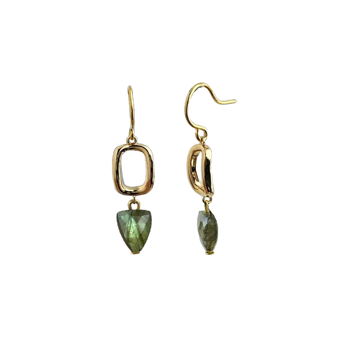 A pair of gold-plated brass earrings in a geometric design with open square metal shapes and dangling pointed labradorite gemstone drops.