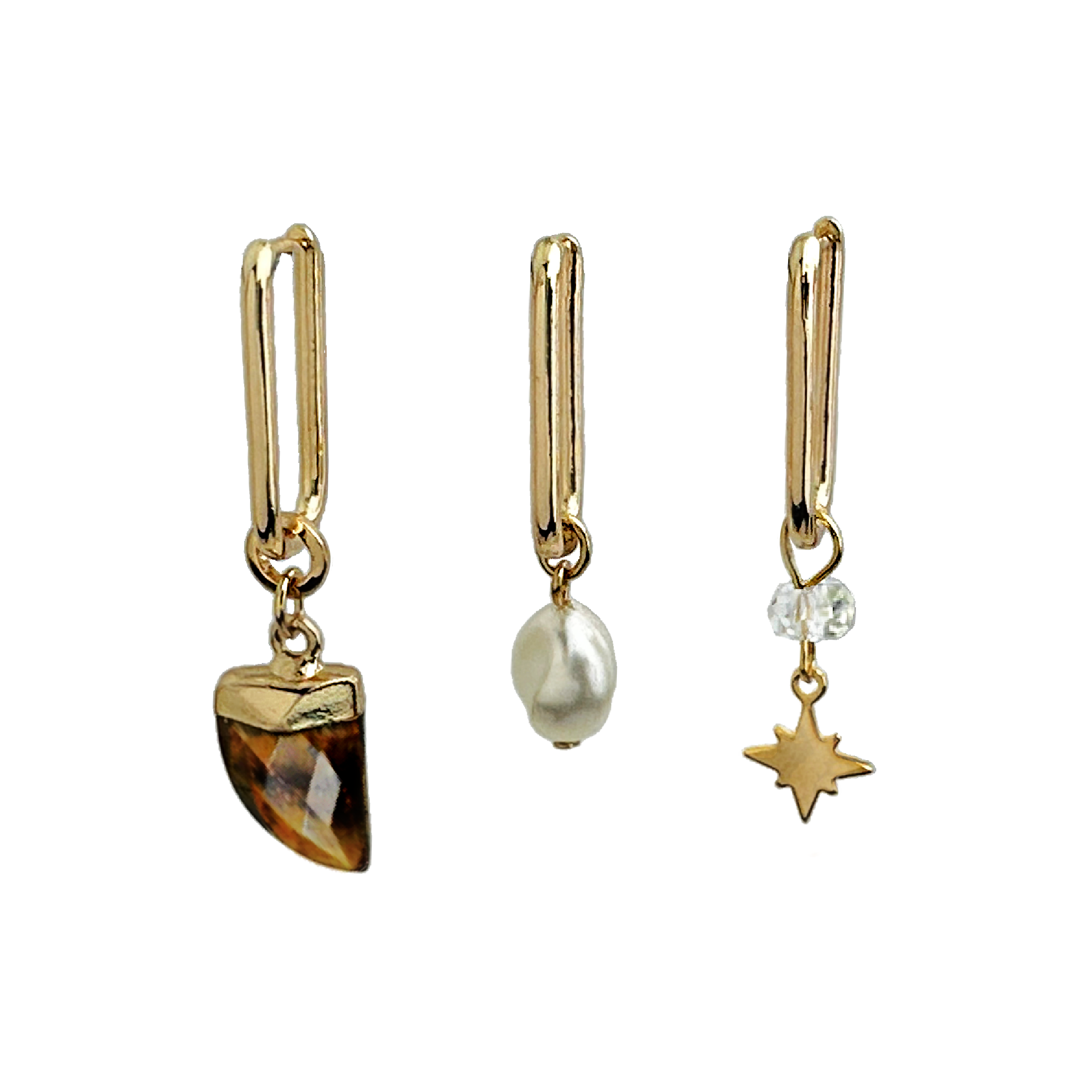 A set of sleek gold-colored hoop earrings with interchangeable charms, including a tiger&