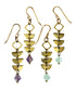 Two pairs of brass Alune Fluorite Earrings shown with green fluorite and also in purple fluorite. Handcrafted by Alysian.