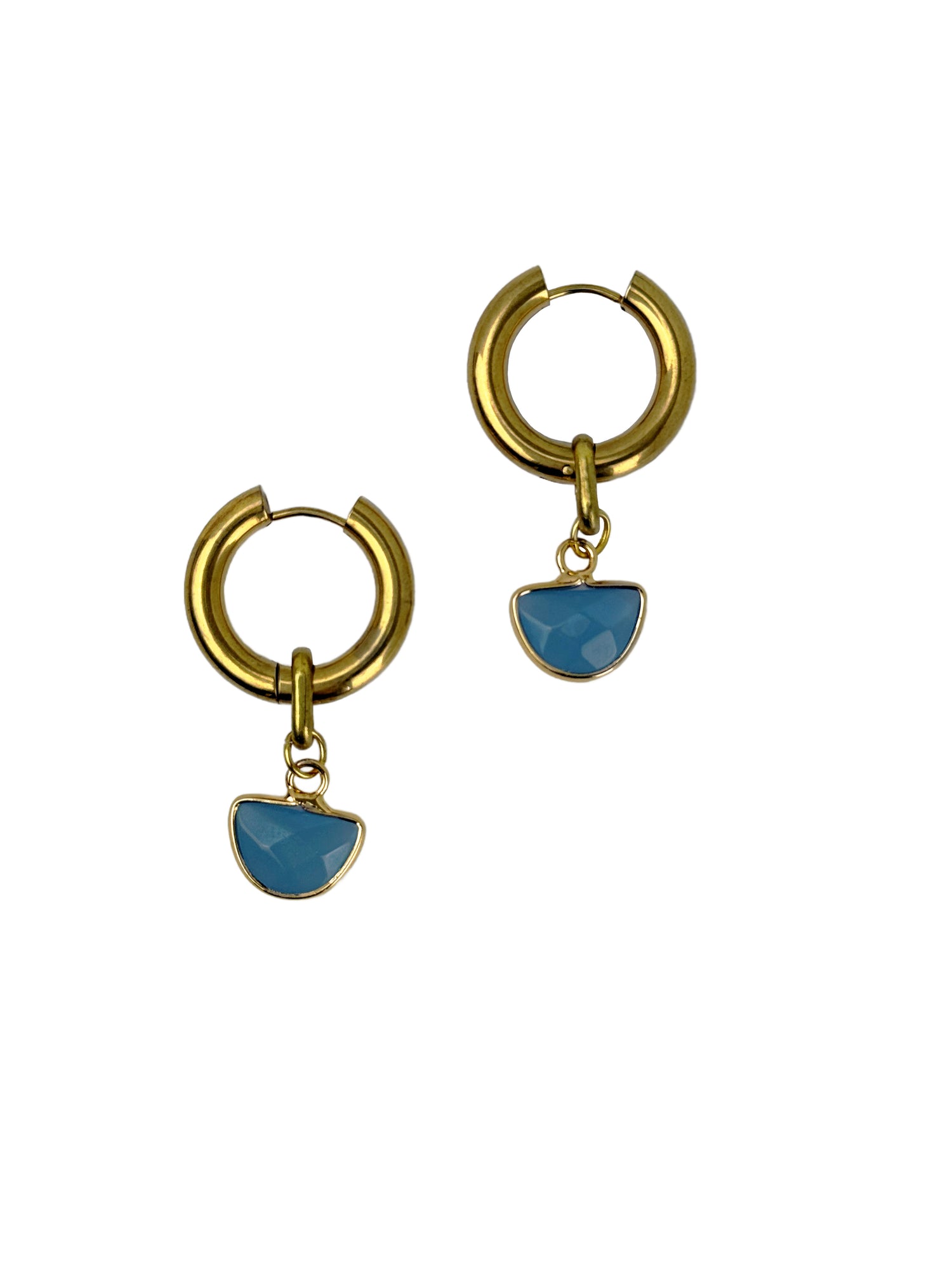 A pair of Charvi Chalcedony Hoops - gold-plated brass thick small-medium hoops and blue chalcedony half-circle stone drops. Handcrafted by Alysian.