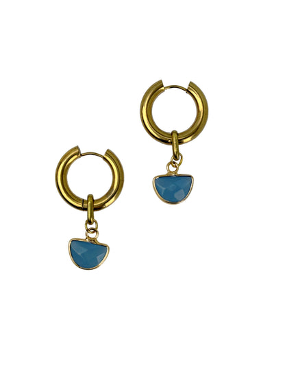 A pair of Charvi Chalcedony Hoops - gold-plated brass thick small-medium hoops and blue chalcedony half-circle stone drops. Handcrafted by Alysian.