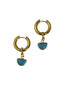 A pair of Charvi Chalcedony Hoops - gold-plated brass thick small-medium hoops and blue chalcedony half-circle stone drops. Handcrafted by Alysian.