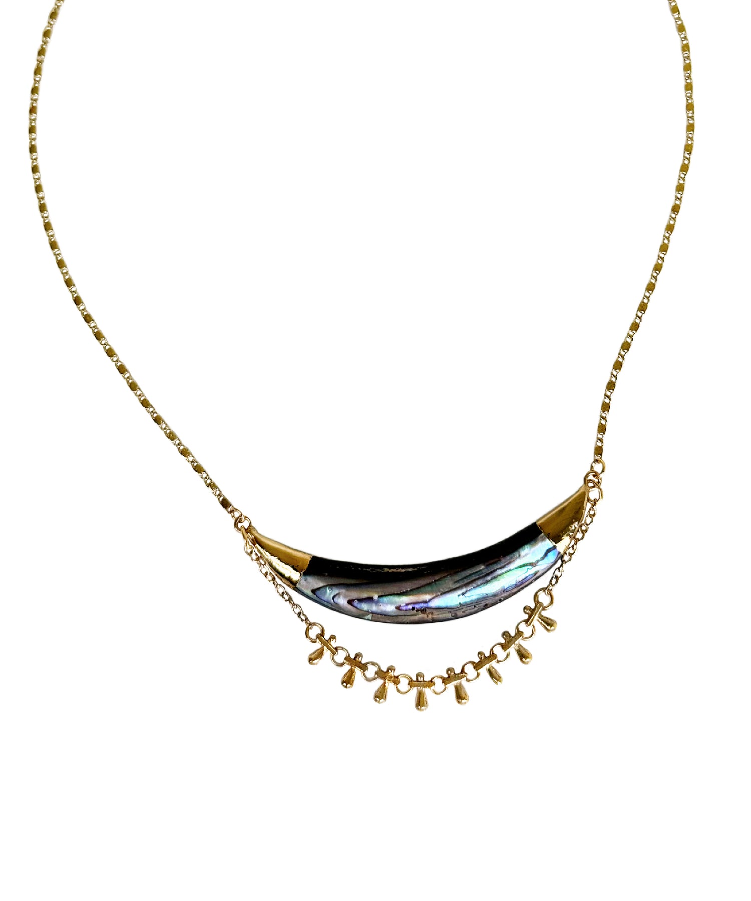 Darya Abalone Crescent Necklace with abalone and vintage chain, handcrafted by Alysian.