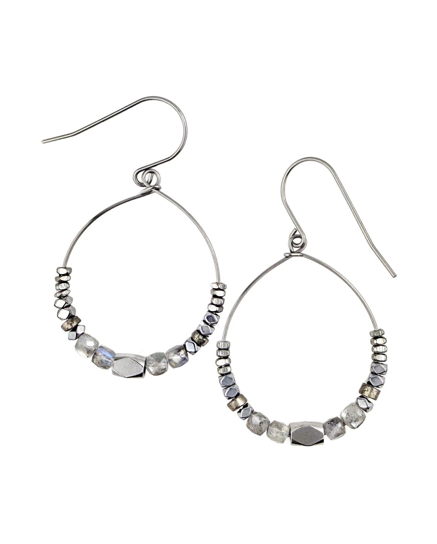 Pair of Luja Labradorite Hoop Earrings – A handcrafted beaded hoop earring by Alysian.