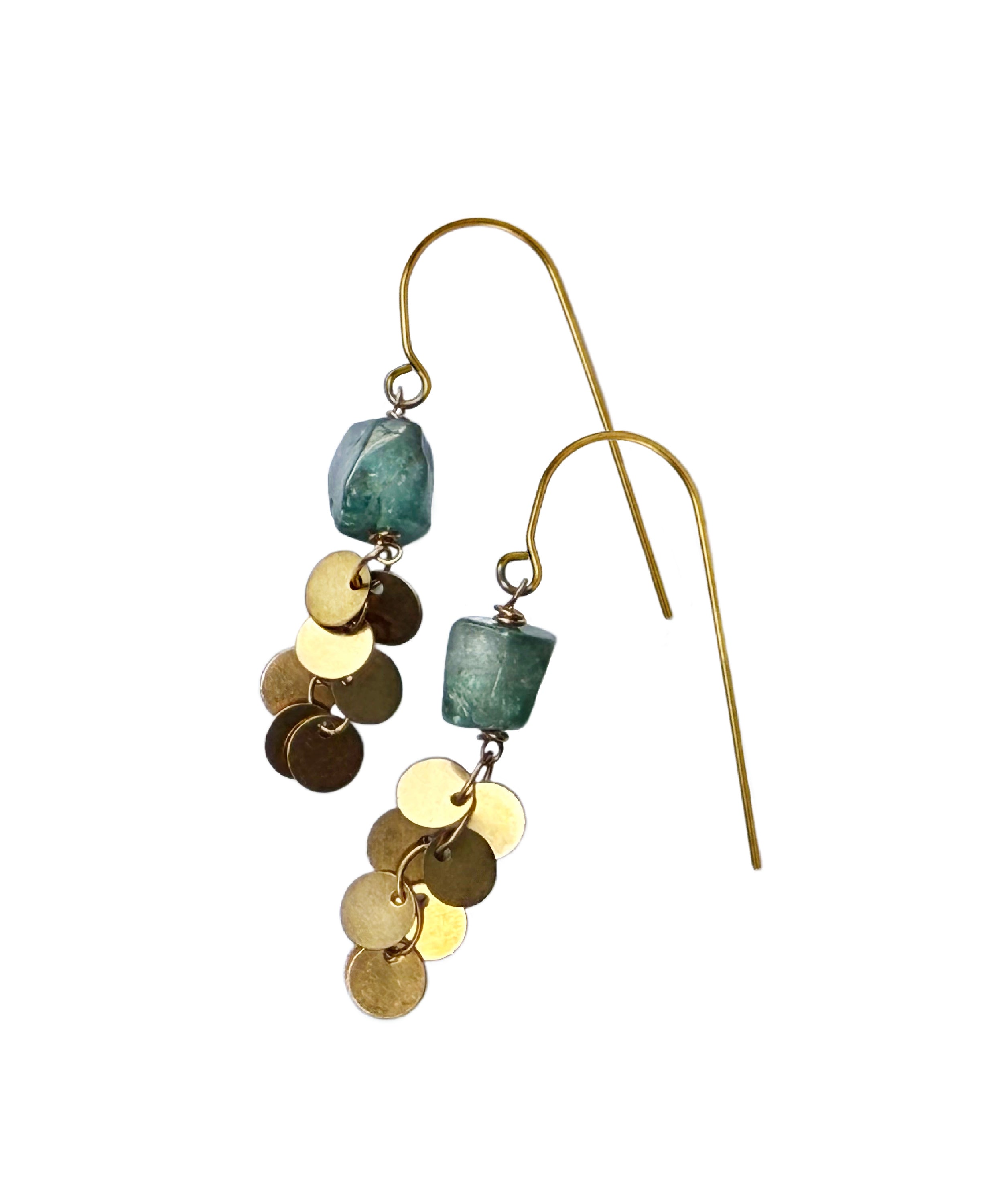 A pair of the Sedna Apatite Earring with organic-shaped smooth apatite stones and clusters of brass disc chain beneath, handcrafted by Alysian.